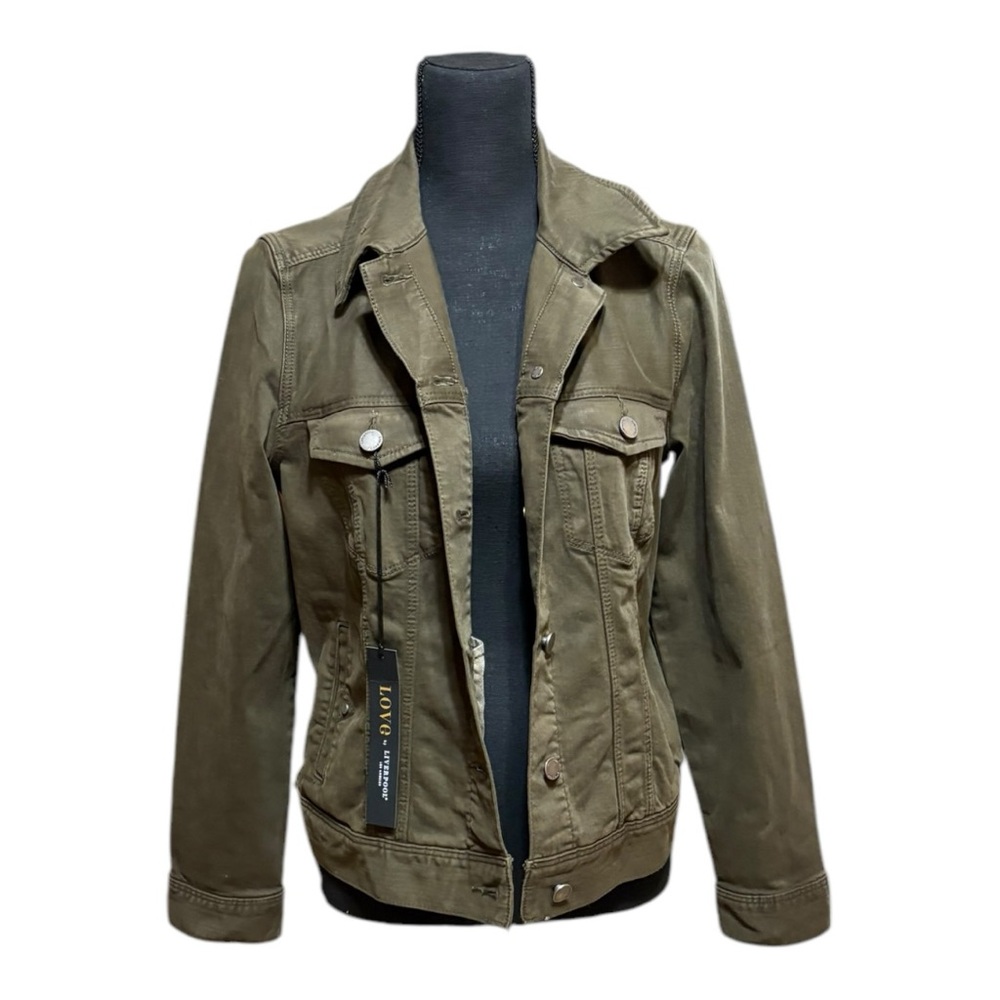 NWT Liverpool LA Denim Button-Up Military Jacket in Olive Green Size M